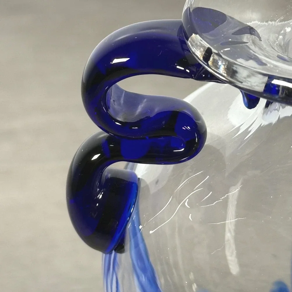Vintage Italian Art Glass Vase Blue White Pulled Decoration Cobalt Handles 7.5